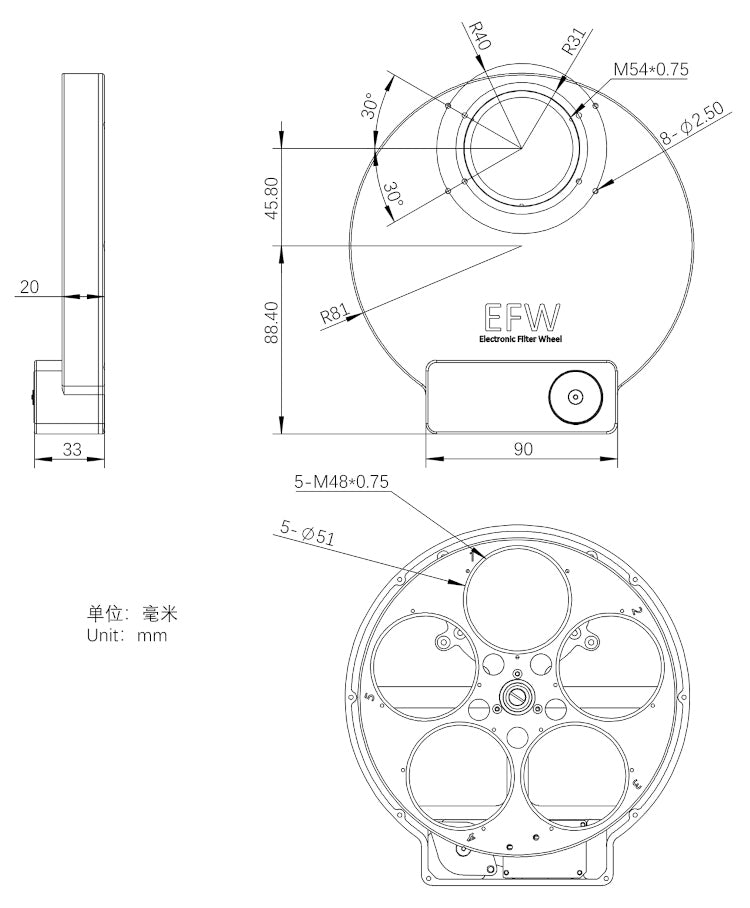 Roue à filtres motorisée ZWO EFW 5 positions 5x50.8mm - ZWO
