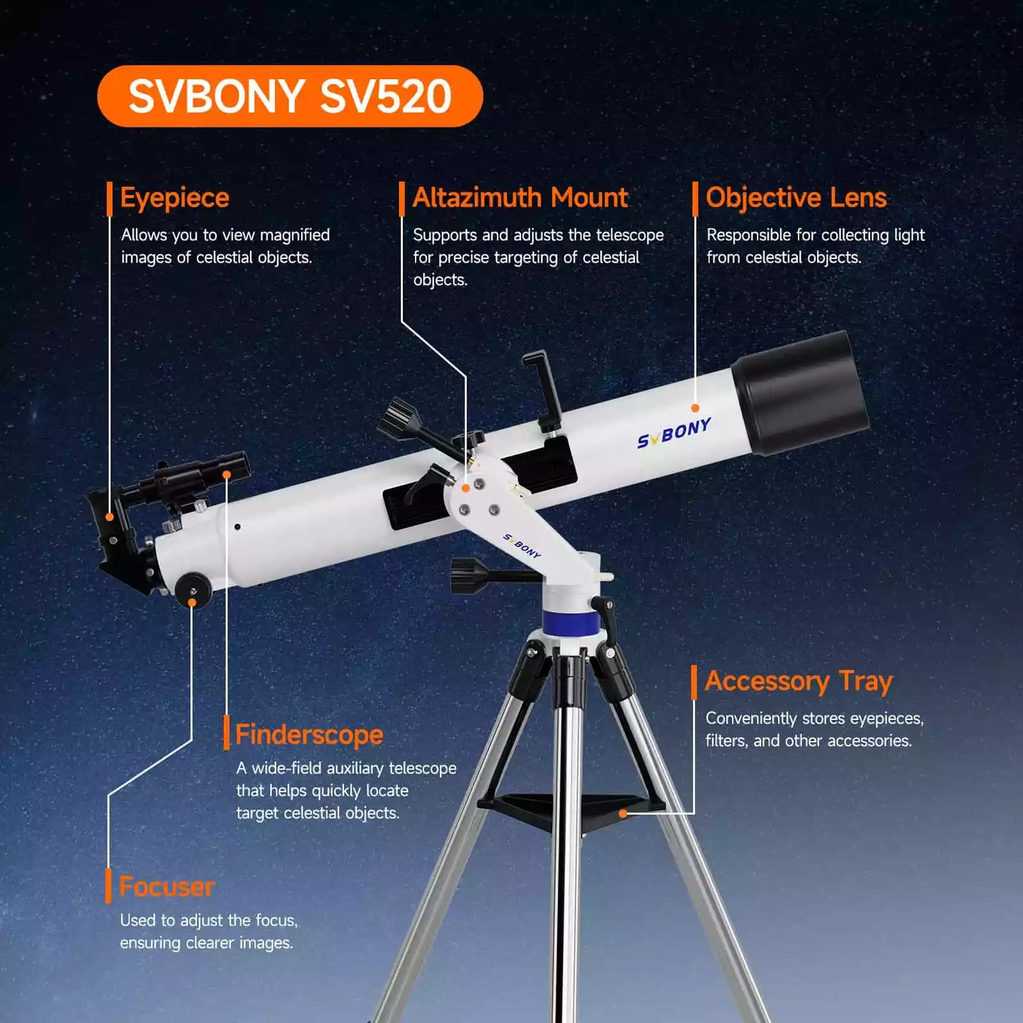 Télescope Complet SV520 90mm f/8.9 pour Débutants avec Accessoires - Svbony
