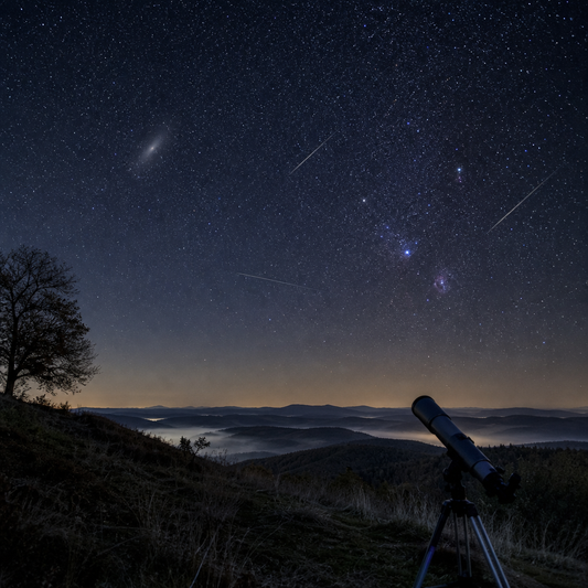 Ciel étoilé d’octobre avec la galaxie d’Andromède, des météores et un télescope