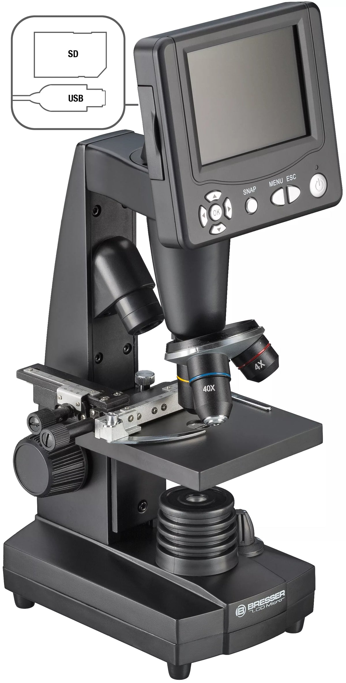 Microscope d’enseignement LCD 8,9 cm, caméra 5 MP et zoom jusqu’à 2000× - Bresser
