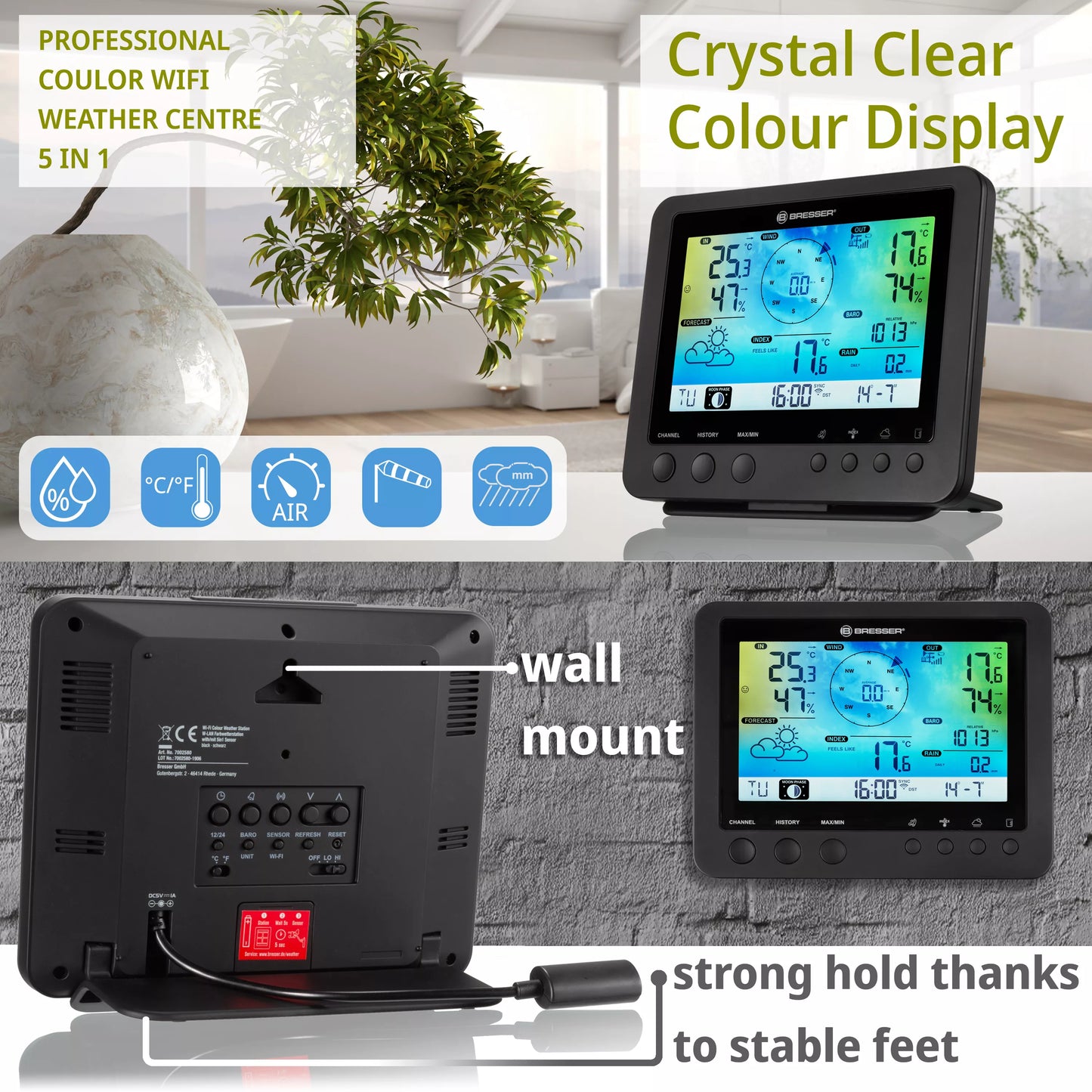 Centrale météo couleur WIFI avec capteur Profi 5 en 1 - noir