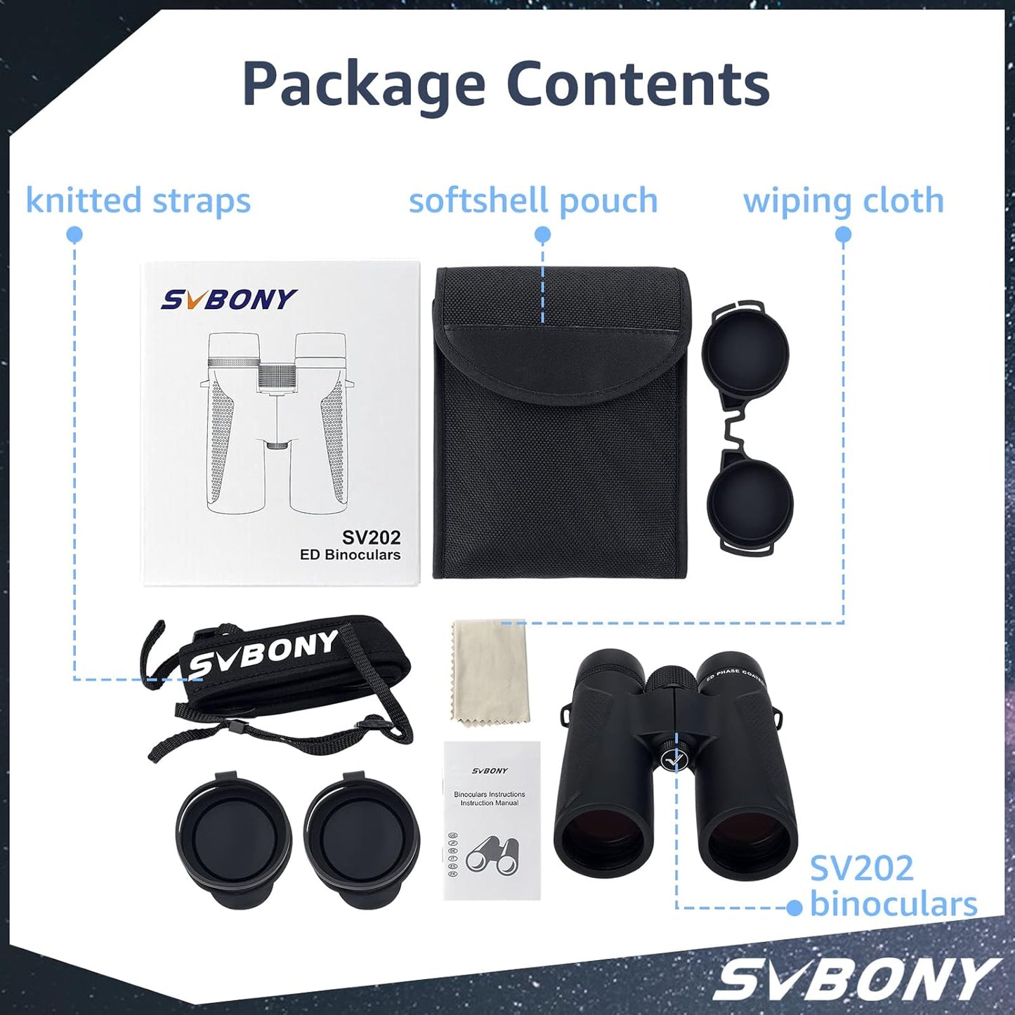 SV202 Binóculos de Alto Desempenho com Vidro ED e Prisma BaK-4 - Modelos 8x32, 10x42, 10x50 - SVBONY