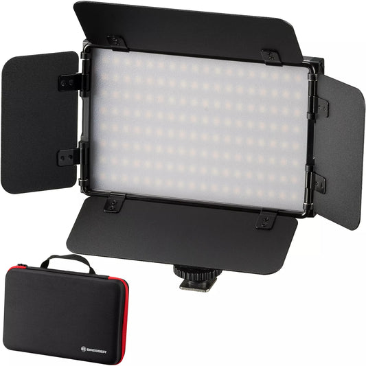 Bi-Color LED Video Light PT Pro 15B-II with Barn Doors, Rechargeable Battery and Case - Bresser