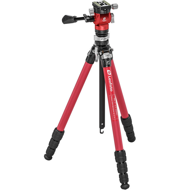 Trépied carbone photo et vidéo rouge avec tête fluide et base de nivellement - Leofoto