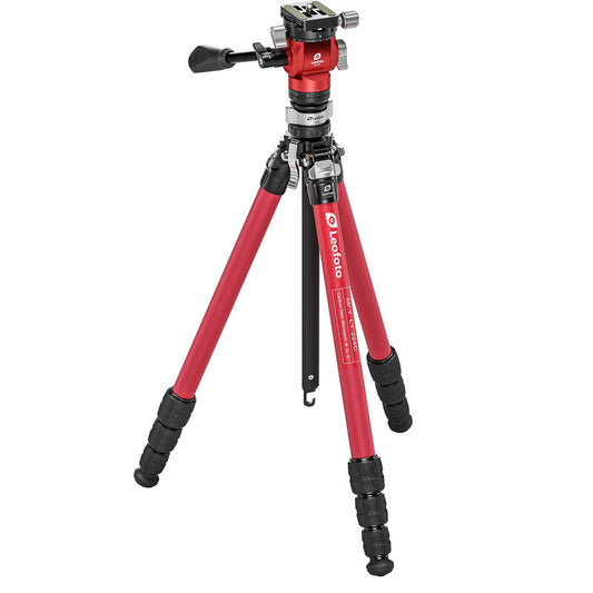 Trépied carbone photo et vidéo rouge avec tête fluide et base de nivellement - Leofoto