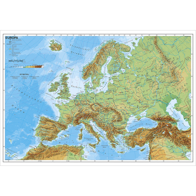 Carte physique de l’Europe et des pays voisins 95 x 66 cm - Stiefel