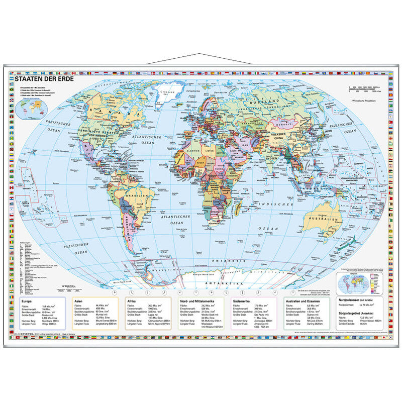 Carte du monde politique europacentrée en allemand 95 x 66 cm - Stiefel