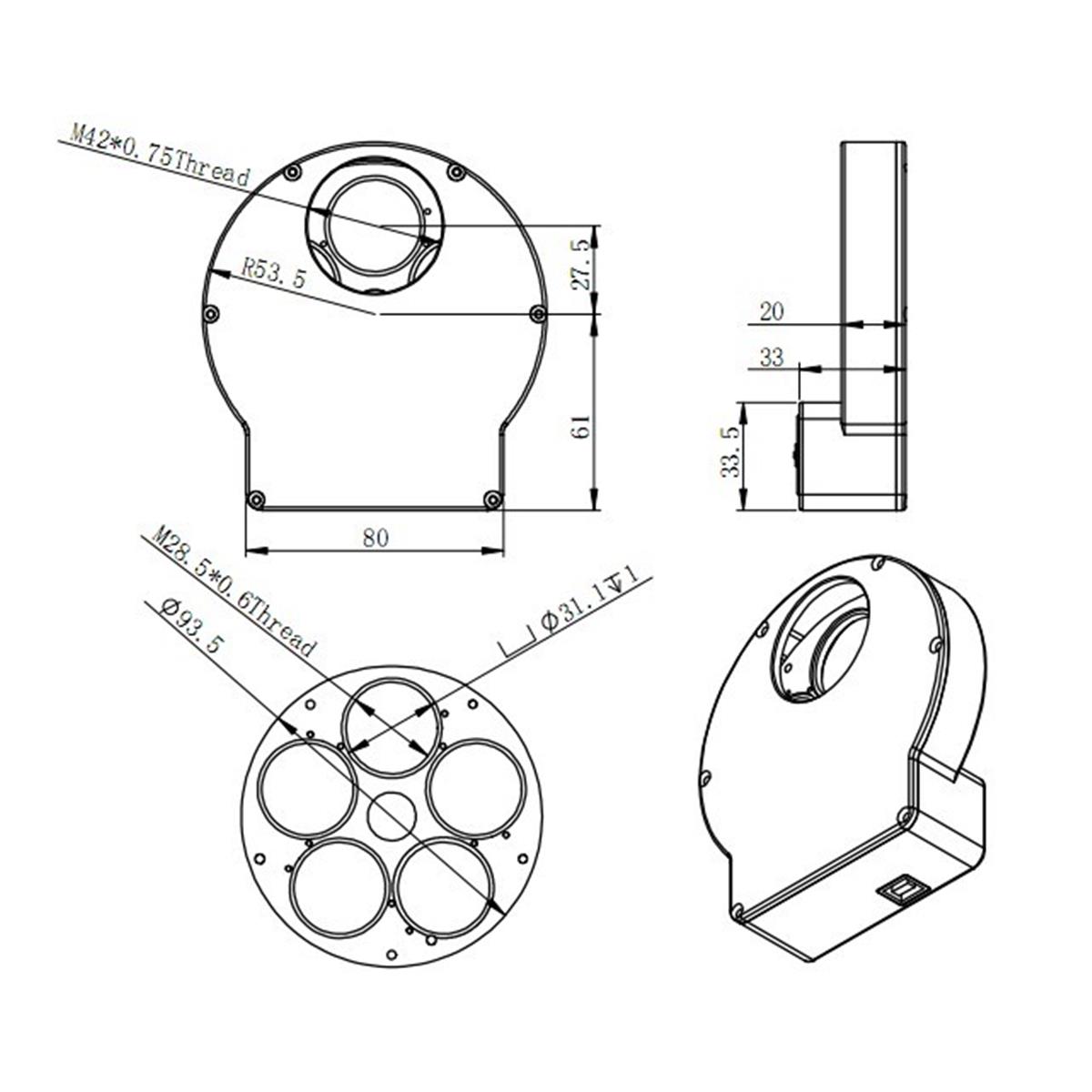 Roda de filtros EFW Mini ZWO 5x31,75mm ou 5x31mm - ZWO