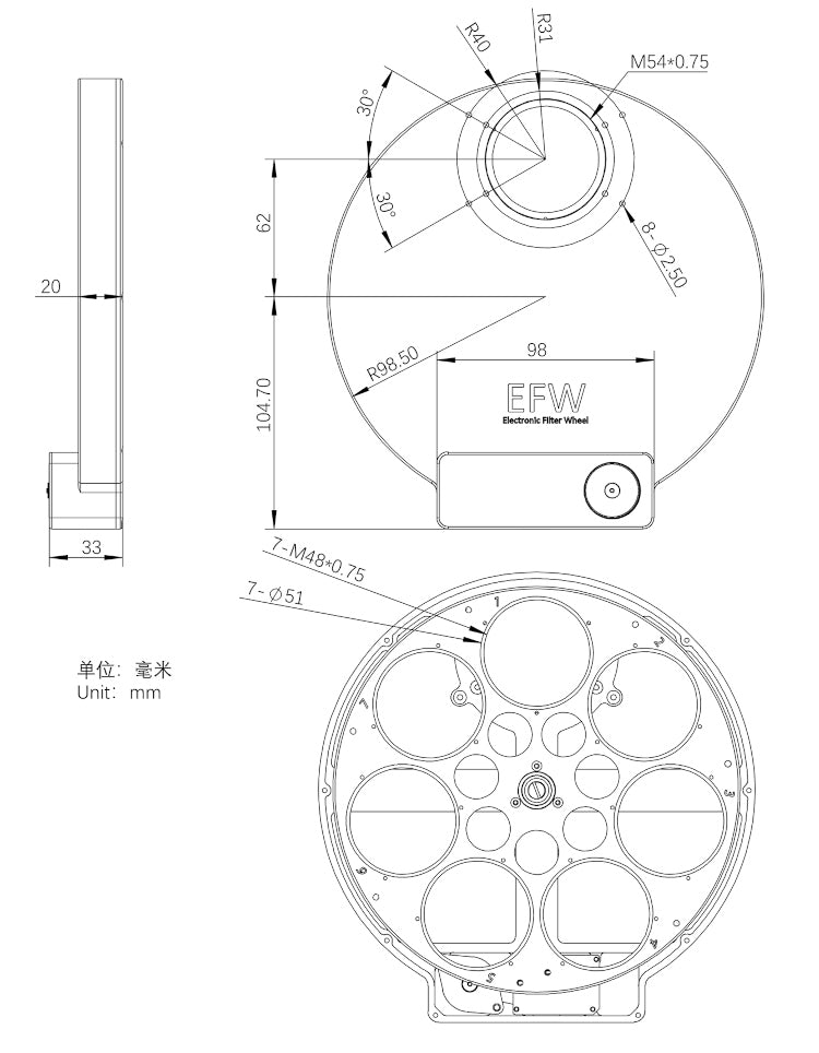 Moottoroitu suodatinpyörä ZWO EFW 7 asemaa 7x50,8 mm - ZWO