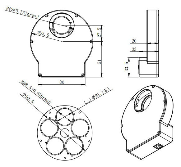 Roda de filtros EFW Mini ZWO 5x31,75mm ou 5x31mm - ZWO