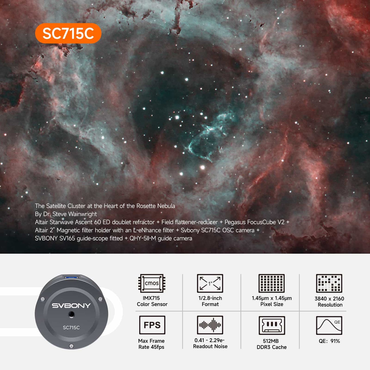 Caméra Planétaire Couleur CMOS IMX715 USB3.0 pour Capturer les Objets du Ciel Profond - Svbony