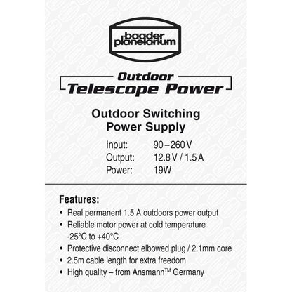 Bloc d'Alimentation Extérieur 12,8V / 1,5A pour Télescope avec Fiche Coudée - Baader
