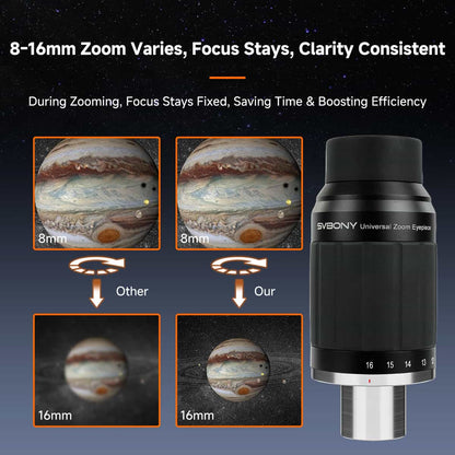 Oculaire Zoom 8-16mm 63° Parfocal avec ClickStop pour Observation Planétaire - SVBONY