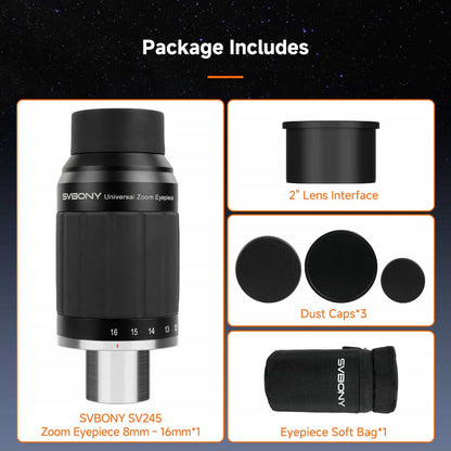Oculaire Zoom 8-16mm 63° Parfocal avec ClickStop pour Observation Planétaire - SVBONY