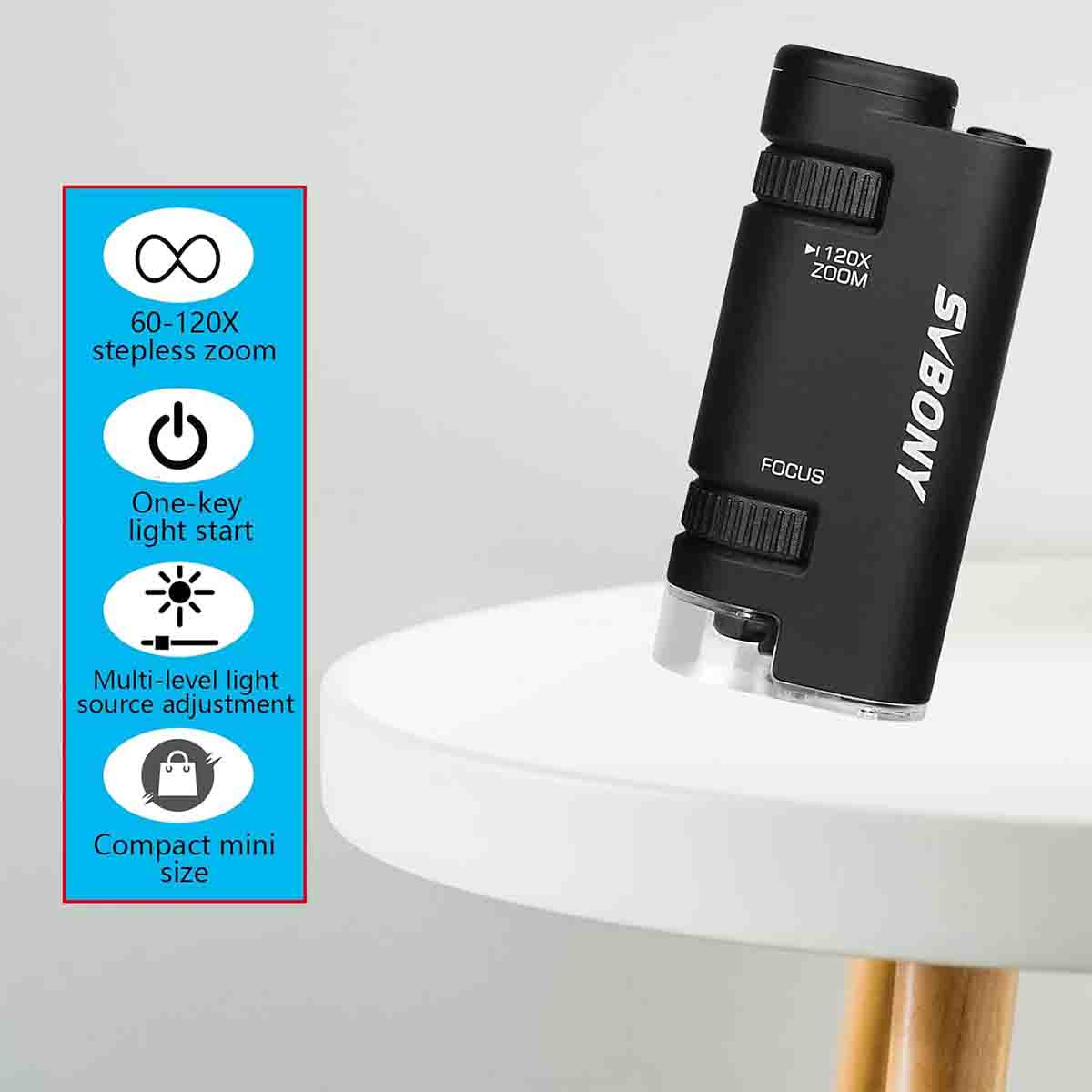 Microscope Portable 60x-120x avec Éclairage LED et Zoom Continu - Svbony