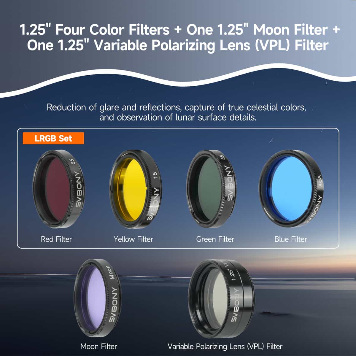 Kit d’Accessoires Télescope 1,25" Deluxe avec Oculaires, Filtres et Lentille Barlow - Svbony