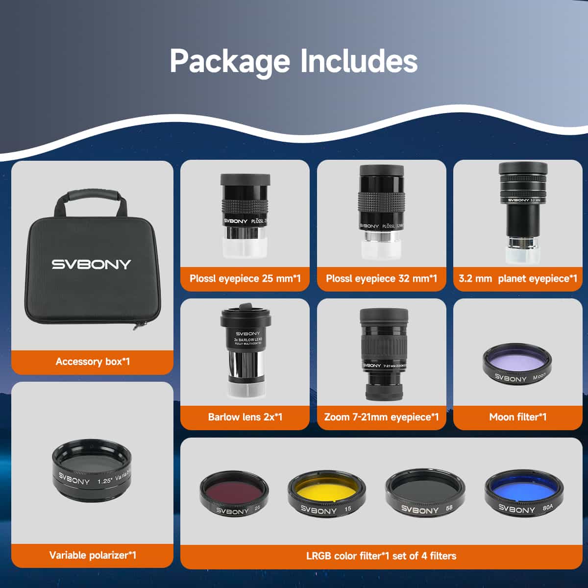 Kit d’Accessoires Télescope 1,25" Deluxe avec Oculaires, Filtres et Lentille Barlow - Svbony
