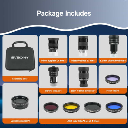 Kit d’Accessoires Télescope 1,25" Deluxe avec Oculaires, Filtres et Lentille Barlow - Svbony