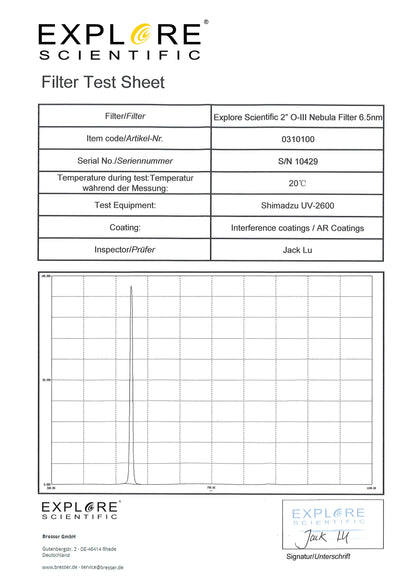 Filtre pour Nébuleuse O-III 2" 6.5nm - Explore Scientific