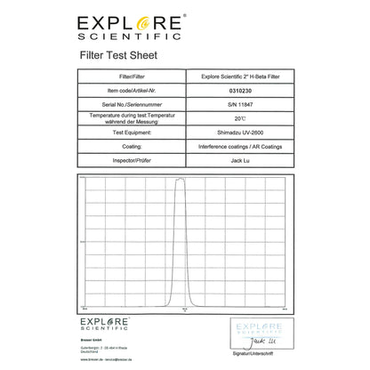 Filtre H-Beta 50,8 mm pour nébuleuses – filtre pour l'astronomie Explore Scientific