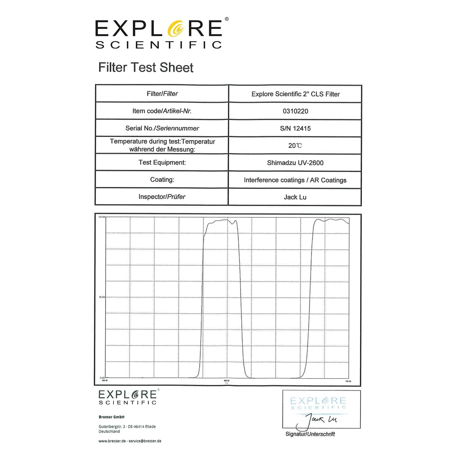 Filtre CLS 50,8 mm pour nébuleuse - Explore Scientific